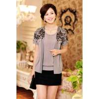 诗米利琪 女装装短袖大码女装圆领镶钻假两件套超薄针织衫8363(咖啡色 XXL)