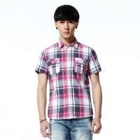 唐狮 男式 短袖格子衬衫111211013008(桃红L)