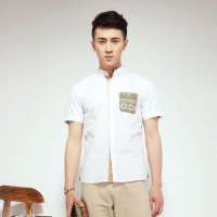 唐狮 男式 净色拼费尔岛口袋短袖衬衫112211013403(本白S)