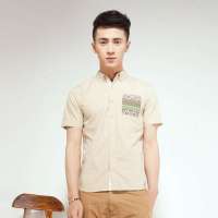 唐狮 男式 净色拼费尔岛口袋短袖衬衫112211013403(卡其色M)