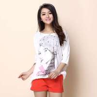 艾夫斯 韩版拼接宽松显瘦大码圆点短袖T恤v领小衫21222121002(本白/M)