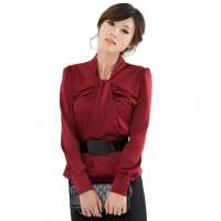 伊薇瑞 个性韩国OL丝质长袖衫(配腰带)E810115(枣红/L)