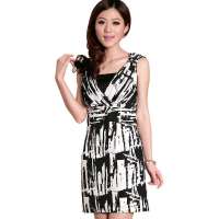 伊薇瑞 女装vl领无袖黑白调连衣裙E820513(黑白色/S)