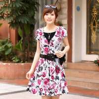 伊薇瑞 女装假两件花卉图案连衣裙E820279(白底红花/M)