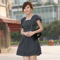 伊薇瑞 女装波点层叠荷叶袖宫廷范连衣裙E820296(黑色/M)