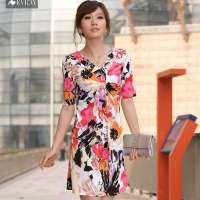 伊薇瑞 女装娇艳花卉苞胸V领韩版连衣裙E820295(印花色/XL)