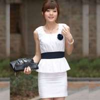 伊薇瑞 女装U领无袖荷叶腰间OL连衣裙E820237(白色/M)