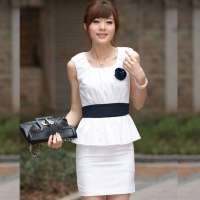 伊薇瑞 女装U领无袖荷叶腰间OL连衣裙E820237(白色/L)