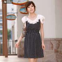 伊薇瑞 女装层叠木耳花边小垂袖波点连衣裙E820301(粉色/L)