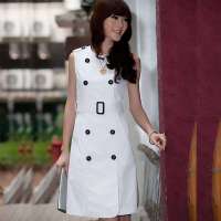 伊薇瑞 女装时尚OL优雅气质双排扣无袖收腰连衣裙E820090(米白色/M)