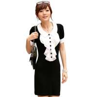 伊薇瑞 女装圆领荷叶前襟OL连衣裙E820265(黑色/L)