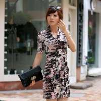 伊薇瑞 女装泡泡袖捏褶拼接收腰连衣裙E820263(粉色豹纹/S)