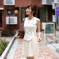 伊薇瑞 女装圆领无袖高腰灯笼下摆连衣裙E820239(杏色/M)