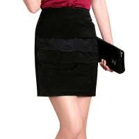 伊薇瑞 女装蕾丝拼接波浪式半身裙E820571（黑色/L）