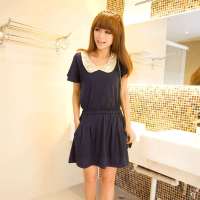 伊薇瑞 女装夏装亮片小翻领短袖连衣裙E820750(宝蓝色/XL)