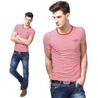 Baneberry 男装棉质小圆领细条纹短袖T恤18008(红条/XL)