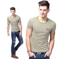 Baneberry 男装棉质小圆领细条纹短袖T恤18008(绿条/XL)