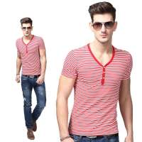 Baneberry 男装棉质V领细条纹短袖T恤18009(红条/L)