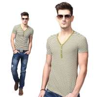 Baneberry 男装棉质V领细条纹短袖T恤18009(绿条/XL)