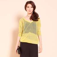 婉甸 女装新款正品宽松薄款中袖毛针织衫套头衫1122033 黄色/M)