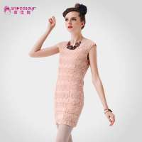 茵佳妮 女装 雪纺蝴蝶结蕾丝连衣裙5132-1800386(杏花粉红/L)