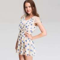 秋水伊人 女装圆点波点连衣裙蕾丝拼接雪纺裙子122302019(宝蓝/S)