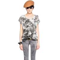 七格格 女装OTHERCRZAY夏装新品肩部镂空黑白印花短袖t恤3CA2006B(白色/均码)