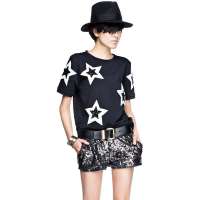七格格 女装OTHERMIX夏装新款重工亮片五角星拼贴短袖卫衣T恤3MA2198E(黑色/XL)