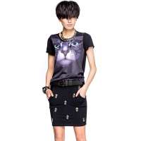 七格格 女装OTHERMIX夏装新款大眼猫烫画印花短袖T恤3MA2260J(黑色/XL)