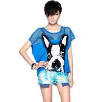 七格格 女装OTHERMIX夏装新款休闲网纱镂空小狗短袖T恤3MA2266X(宝蓝/均码)