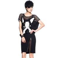 七格格 女装OTHERMIX夏装新款休闲网纱镂空小狗短袖T恤3MA2266X(黑色/均码)