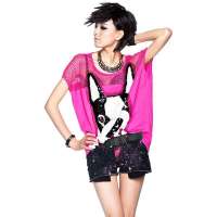 七格格 女装OTHERMIX夏装新款休闲网纱镂空小狗短袖T恤3MA2266X(玫红/均码)