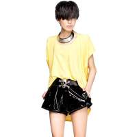 七格格 女装OTHERMIX夏装新款宽松版蝙蝠袖拼接短袖T恤3MA2268X(黄色/L)