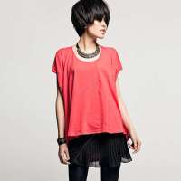 七格格 女装OTHERMIX夏装新款宽松版蝙蝠袖拼接短袖T恤3MA2268X(红色/S)