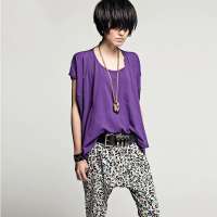 七格格 女装OTHERMIX夏装新款宽松版蝙蝠袖拼接短袖T恤3MA2268X(紫色/S)