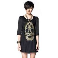 七格格 女装OTHERMIX夏装新款金色复古骷髅刺绣泡泡袖连衣裙3MB2122J(黑色/L)