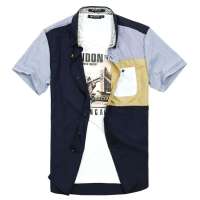 柒加尚品 男装撞色拼接摇滚风格薄款短袖衬衫32CS07(宝蓝M)