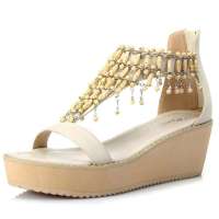 Caerphilly卡芙琳夏时尚休闲波西米亚串珠坡跟凉鞋女鞋CL3356-04 杏色34