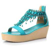 Caerphilly卡芙琳夏时尚休闲波西米亚串珠坡跟凉鞋女鞋CL3356-04 蓝色34