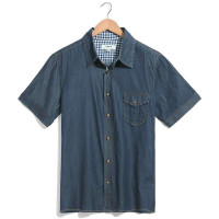 VaLS 男装潮流时尚洗水牛仔短袖衬衣衬衫030200049(深蓝色/M)