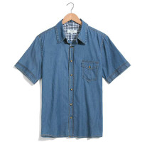 VaLS 男装潮流时尚洗水牛仔短袖衬衣衬衫030200049(中蓝色/XL)