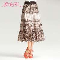秋水伊人 女装波西米亚风修身印花系带雪纺半身裙122109031(裸色/L)