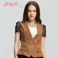 秋水伊人 女装OL气身蕾丝拼接亮丝点缀蝴蝶结装饰短袖外套122107019(裸色/XL)