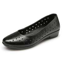 奥康女单鞋牛皮舒适坡跟洞洞凉鞋133822090黑色39