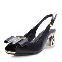 四季风2013夏季新品羊皮粗跟蝴蝶结凉鞋 水钻中跟鱼嘴凉鞋3C375 黑 35