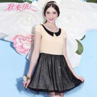 秋水伊人 女装优雅淑女海军领蕾丝拼接修身高腰连衣裙子632102122(米色/S)