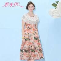 秋水伊人 女装可脱卸蕾丝披肩沙滩裙印花长裙雪纺连衣裙子632102216(桔红/L)