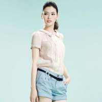 婉甸2013夏装女装百搭套头雪纺衫衬衫衬衣女士t恤短袖雪纺1123058(白色/L)