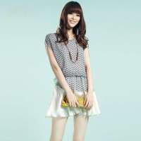 婉甸2013夏装女装新款正品修身淑女圆领短袖蕾丝连衣裙女1123150(米色/L)