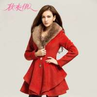秋水伊人 女装可脱卸毛领红色毛呢子韩版修身大衣长款外套624112182(大红/L)